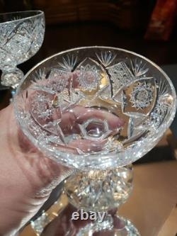 4 Apple Core stem Champagne Glasses American Brilliant Period Cut Glass crystal