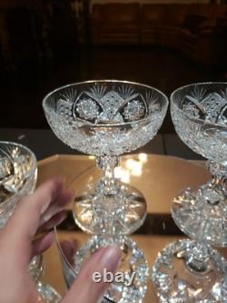 4 Apple Core stem Champagne Glasses American Brilliant Period Cut Glass crystal