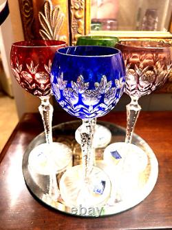 4 Colored Cut Crystal Wine Goblets-hand Blown-hand Carved-24%- Godinger