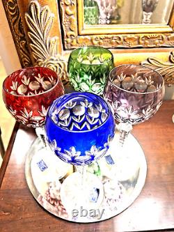 4 Colored Cut Crystal Wine Goblets-hand Blown-hand Carved-24%- Godinger