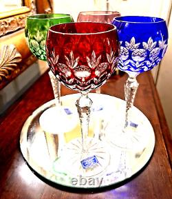 4 Colored Cut Crystal Wine Goblets-hand Blown-hand Carved-24%- Godinger