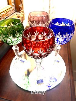 4 Colored Cut Crystal Wine Goblets-hand Blown-hand Carved-24%- Godinger