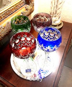 4 Colored Cut Crystal Wine Goblets-hand Blown-hand Carved-24%- Godinger