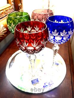4 Colored Cut Crystal Wine Goblets-hand Blown-hand Carved-24%- Godinger