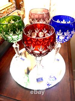 4 Colored Cut Crystal Wine Goblets-hand Blown-hand Carved-24%- Godinger