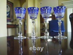 4 Faberge Xenia Cobalt Blue Cut to Clear Crystal Cordial/Port New 6 Signed