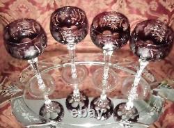 4 Hand Blown Amethyst Cut To Clear Crystal Tall Wine Glass / Goblets Beautiful