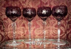 4 Hand Blown Amethyst Cut To Clear Crystal Tall Wine Glass / Goblets Beautiful