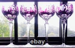 4 Hand Blown Amethyst Cut To Clear Crystal Tall Wine Glass / Goblets Beautiful
