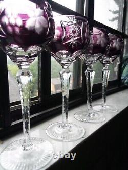 4 Hand Blown Amethyst Cut To Clear Crystal Tall Wine Glass / Goblets Beautiful