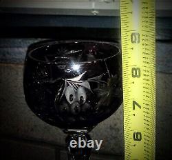 4 Hand Blown Amethyst Cut To Clear Crystal Tall Wine Glass / Goblets Beautiful