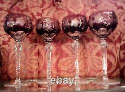 4 Hand Blown Amethyst Cut To Clear Crystal Tall Wine Glass / Goblets Beautiful