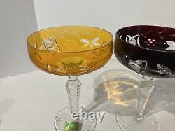 4 Lausitzer Cut To Clear Lead Crystal Sherbet/Champagne Glass Orange/Purple