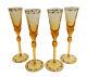 4 Moser Czech Cut Crystal Glass Champagne Flutes in Paula Amber Orange and Gilt