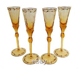 4 Moser Czech Cut Crystal Glass Champagne Flutes in Paula Amber Orange and Gilt
