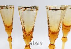 4 Moser Czech Cut Crystal Glass Champagne Flutes in Paula Amber Orange and Gilt