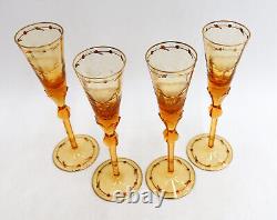 4 Moser Czech Cut Crystal Glass Champagne Flutes in Paula Amber Orange and Gilt