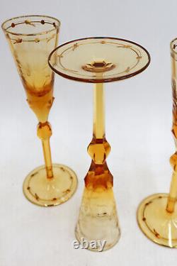 4 Moser Czech Cut Crystal Glass Champagne Flutes in Paula Amber Orange and Gilt