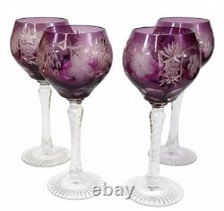 4 NACHTMANN TRAUBE CRYSTAL Tall Hock Wine Goblets Glass Amethyst Cut to Clear