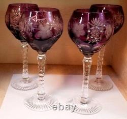 4 NACHTMANN TRAUBE CRYSTAL Tall Hock Wine Goblets Glass Amethyst Cut to Clear
