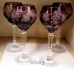 4 NACHTMANN TRAUBE CRYSTAL Tall Hock Wine Goblets Glass Amethyst Cut to Clear