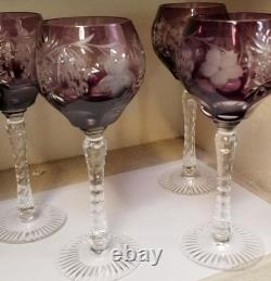 4 NACHTMANN TRAUBE CRYSTAL Tall Hock Wine Goblets Glass Amethyst Cut to Clear