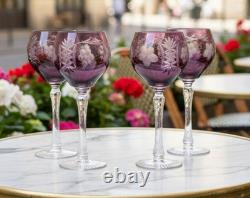 4 NACHTMANN TRAUBE CRYSTAL Tall Hock Wine Goblets Glass Amethyst Cut to Clear