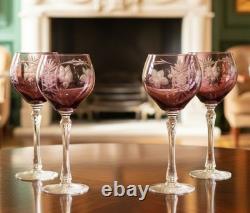 4 NACHTMANN TRAUBE CRYSTAL Tall Hock Wine Goblets Glass Amethyst Cut to Clear