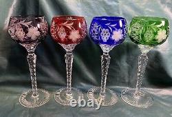4 Nachtmann Cut To Clear Crystal Wine Hocks Goblets 8 1/4Red Green Purple Blue