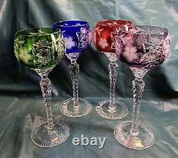 4 Nachtmann Cut To Clear Crystal Wine Hocks Goblets 8 1/4Red Green Purple Blue