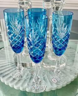 4 Odessa Azure Blue Cased Cut To Clear Crystal Champagne Flutes Store Closing
