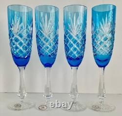 4 Odessa Azure Blue Cased Cut To Clear Crystal Champagne Flutes Store Closing