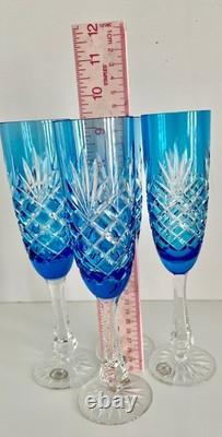 4 Odessa Azure Blue Cased Cut To Clear Crystal Champagne Flutes Store Closing
