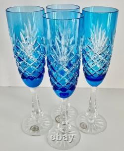 4 Odessa Azure Blue Cased Cut To Clear Crystal Champagne Flutes Store Closing