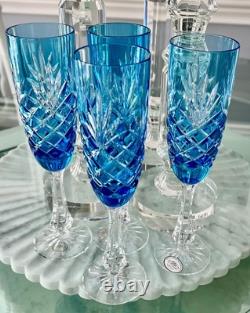 4 Odessa Azure Blue Cased Cut To Clear Crystal Champagne Flutes Store Closing