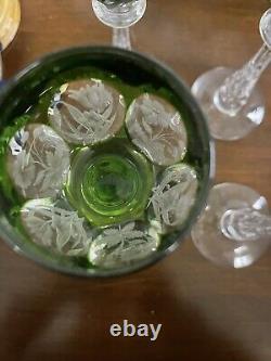 4 RARE VTG Bleikristal Wine Glass Goblets IRIDESCENT Green Etched