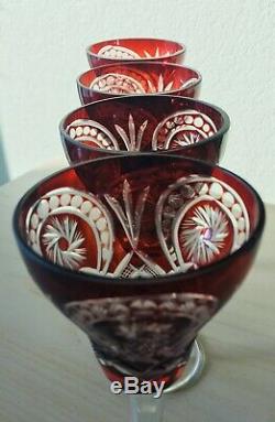4 Ruby Red Cut To Clear Bell Shaped Leaded Crystal Wine Water Goblets 5 7/8