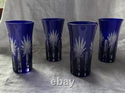 4 Tall Cobalt Blue Cut Crystal Tumbler Glasses Set of 4 with Formal Pattern