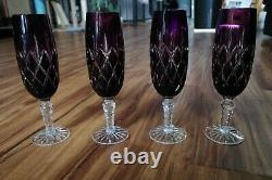 4 Vintage Ajka Amethyst Cut-to-clear Long Stem Crystal Purple Wine/flute Glass