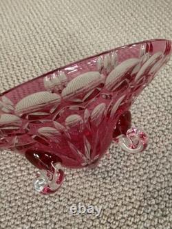 50s Crystal Cut To Clear Glass Footed Bowl Ruby Red Pink Cranberry Bohemian 12