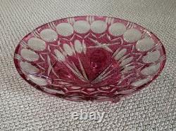 50s Crystal Cut To Clear Glass Footed Bowl Ruby Red Pink Cranberry Bohemian 12