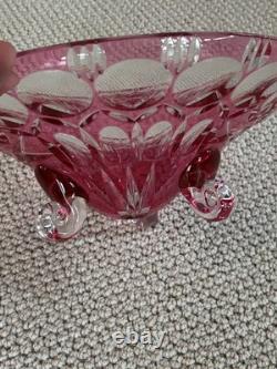 50s Crystal Cut To Clear Glass Footed Bowl Ruby Red Pink Cranberry Bohemian 12