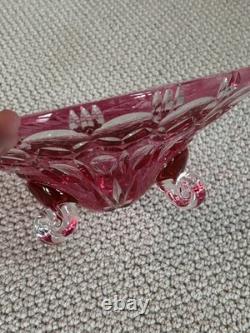 50s Crystal Cut To Clear Glass Footed Bowl Ruby Red Pink Cranberry Bohemian 12