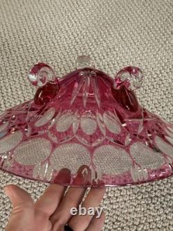 50s Crystal Cut To Clear Glass Footed Bowl Ruby Red Pink Cranberry Bohemian 12