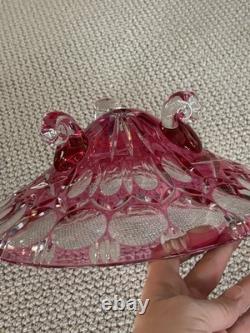 50s Crystal Cut To Clear Glass Footed Bowl Ruby Red Pink Cranberry Bohemian 12