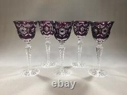 5 AJKA Hungary Crystal Amethyst Purple Cut to Clear Cased Wine Glasses 7.5 H