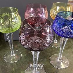 5 BOHEMIAN CZECH CUT TO CLEAR CRYSTAL WINE Glass GOBLETS 7 Multi Color