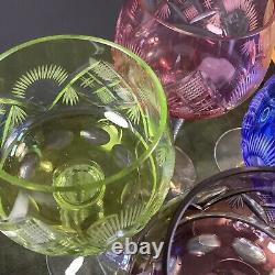 5 BOHEMIAN CZECH CUT TO CLEAR CRYSTAL WINE Glass GOBLETS 7 Multi Color