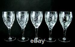 5 Elegant Ornate Floral Etched Cut Crystal Mystery Pattern Water Wine Glasses