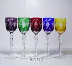 5 Vintage Antique Bohemian Cut To Clear Crystal Grape & Vine Motif Wine Glasses